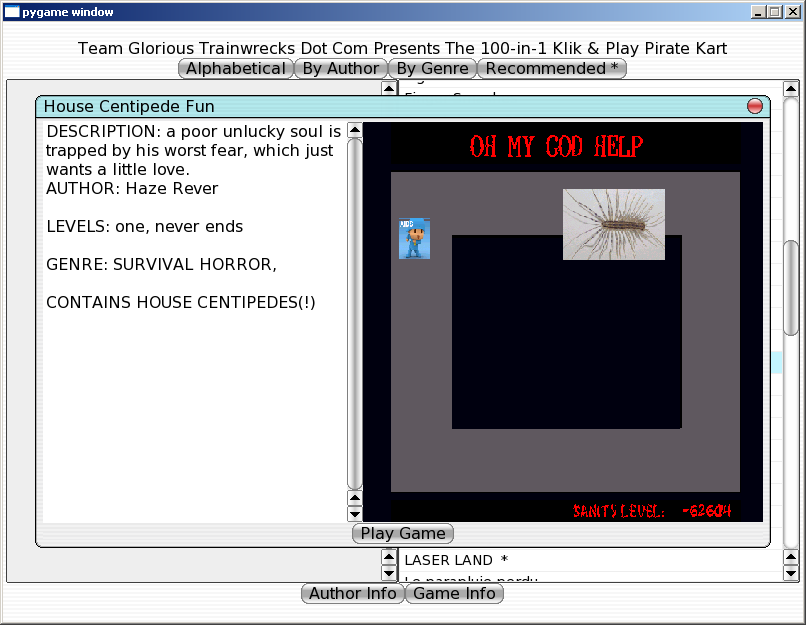 100-in-one Klik & Play Pirate Kart (Windows) screenshot: Information about House Centipede Fun