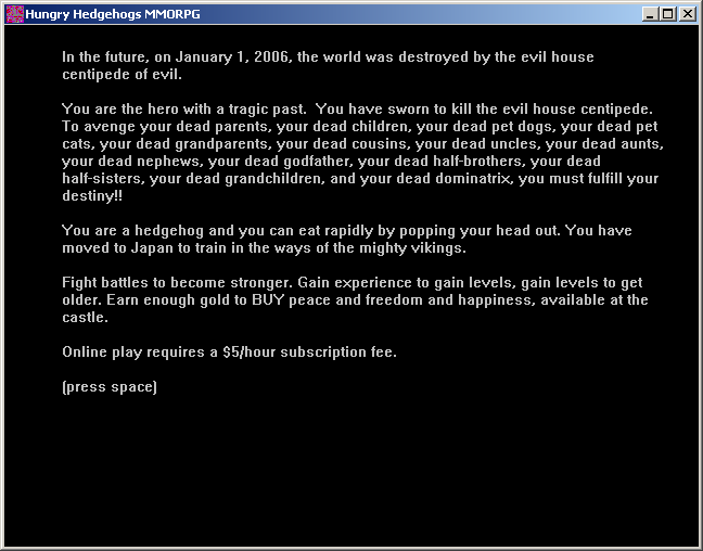 100-in-one Klik & Play Pirate Kart (Windows) screenshot: Hungry Hedgehogs MMORPG introduction