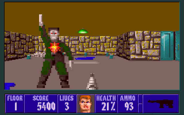 Wolfenstein 3D (PC-98) screenshot: With those red eyes, he could have passed for a bunny! If he didn't shout and shoot at me, that is