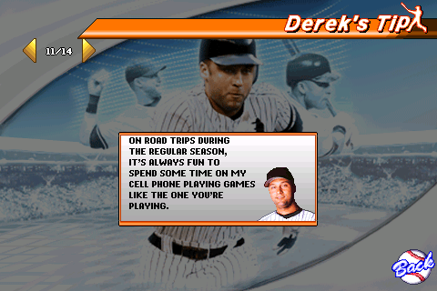 Derek Jeter Pro Baseball 2008 (Android) screenshot: One of Derek's tips