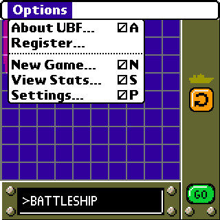 Ultimate Battle Fleet (Palm OS) screenshot: Menu (colour)
