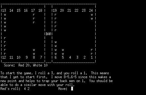 Backgammon (Mainframe) screenshot: Starting the tutorial (aka teachgammon)