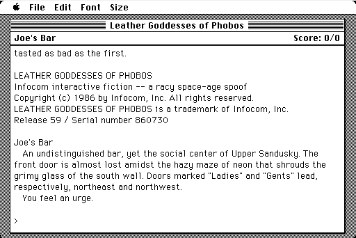 Leather Goddesses of Phobos (Macintosh) screenshot: Game start