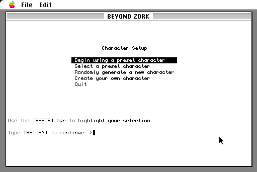 Beyond Zork: The Coconut of Quendor (Macintosh) screenshot: Main menu