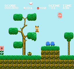 Koneko Monogatari: The Adventures of Chatran (NES) screenshot: Jumping up and down on tree branches can loosen fruit and other items