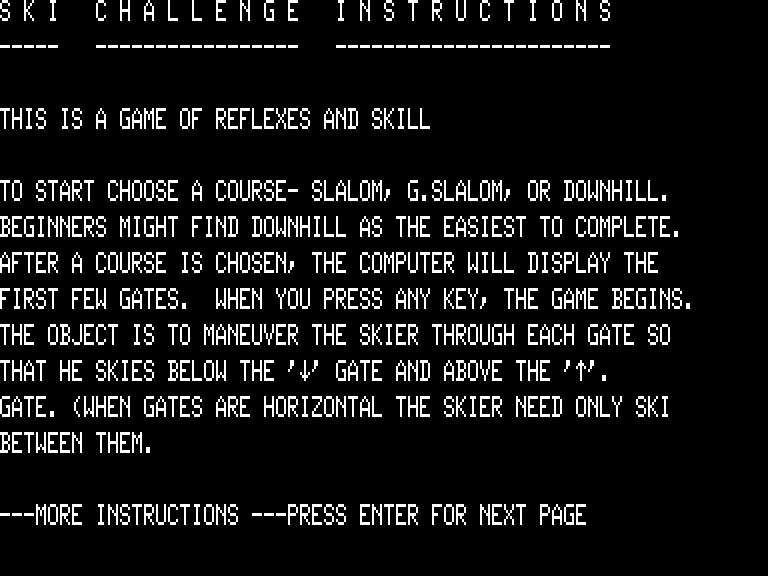 Slalom (TRS-80) screenshot: Instructions, page 1