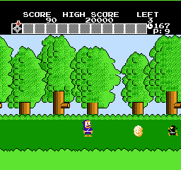 Ninja Hattori-kun (NES) screenshot: The defeated enemy disappears into a cloud of dust