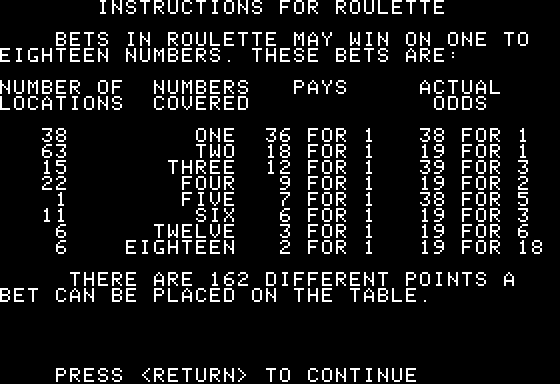 Roulette (Apple II) screenshot: Instructions