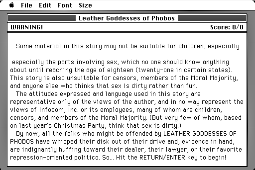 Leather Goddesses of Phobos (Macintosh) screenshot: Serious warning