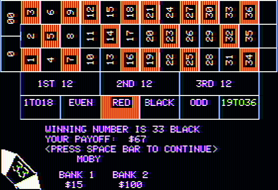 Roulette (Apple II) screenshot: Getting a payoff