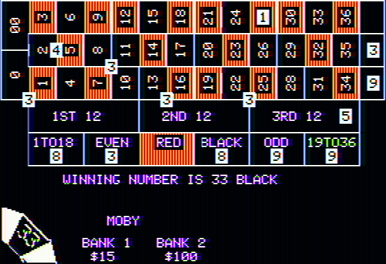 Roulette (Apple II) screenshot: The wheel show the winning number