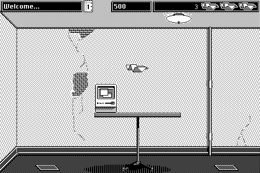 Glider 4.0 (Macintosh) screenshot: The starting room (With a Macintosh on the table) (B&W)