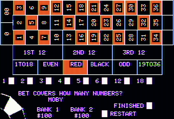 Roulette (Apple II) screenshot: First we select how many numbers to cover