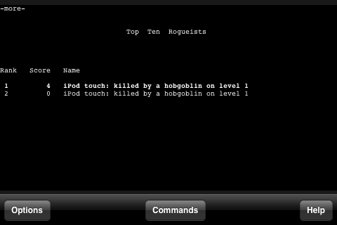 Rogue Clone (iPhone) screenshot: Textmode is no problem for the high score table!