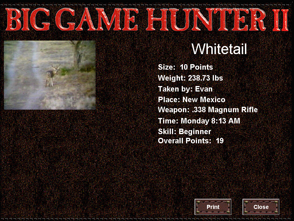 Cabela's Big Game Hunter II (Windows) screenshot: Kill Info