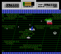 Seicross (NES) screenshot: Strange creatures can be met in green fields