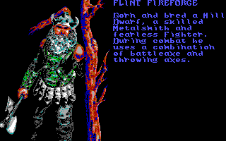 Heroes of the Lance (DOS) screenshot: Presentation of heroes - Flint Fireforge (EGA)