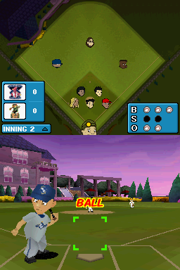 Backyard Baseball '09 (Nintendo DS) screenshot: A little outside of the strike zone...