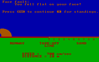 Olympic Decathlon (PC Booter) screenshot: Face fault / The Long Jump (CGA with RGB monitor)
