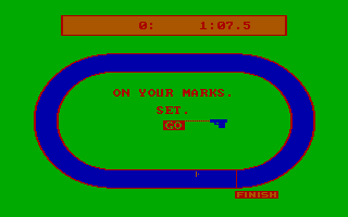Olympic Decathlon (PC Booter) screenshot: Running a race / 100-Meter Dash (CGA with RGB monitor)