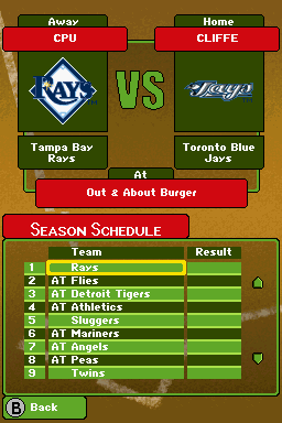 Backyard Baseball '09 (Nintendo DS) screenshot: Having a look at the upcoming games on the schedule...