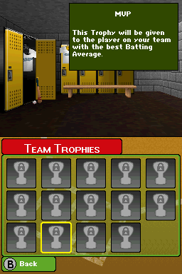 Backyard Baseball '09 (Nintendo DS) screenshot: My trophy collection! Notably empty...