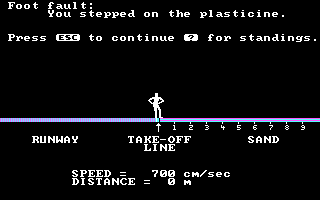 Olympic Decathlon (PC Booter) screenshot: Foot fault / The Long Jump (CGA without color monitor mode)