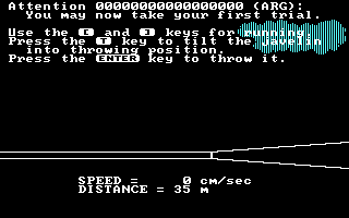 Olympic Decathlon (PC Booter) screenshot: Instructions for the 1500-Meter Javelin (CGA without color monitor mode)