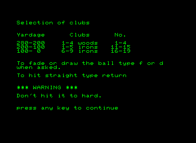 Golf (Commodore PET/CBM) screenshot: Your clubs