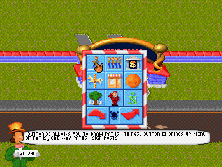 Theme Park (PlayStation) screenshot: This menu has a lot of things that the player can choose from.