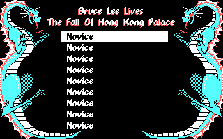 Bruce Lee Lives (DOS) screenshot: Sign In / The Fall of Hong Kong Palace (CGA)