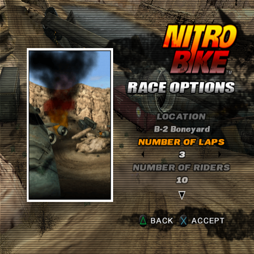 Nitrobike (PlayStation 2) screenshot: Race selection/setup screen.