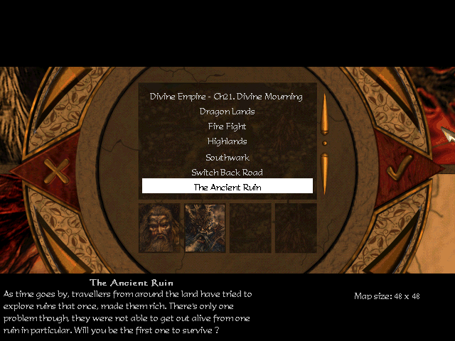Disciples: Sacred Lands - Gold Edition (Windows) screenshot: Selecting a quest (single scenario), with some of those added in this edition visible.
