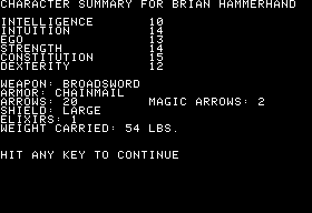 Dunjonquest: The Datestones of Ryn (Apple II) screenshot: Character stats