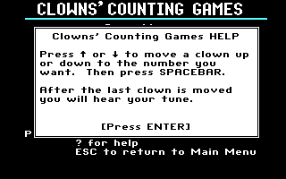 Math Rabbit (DOS) screenshot: Clown's Counting Games Help 2 (CGA)