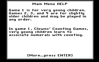 Math Rabbit (DOS) screenshot: Main Menu Help 1 (CGA)