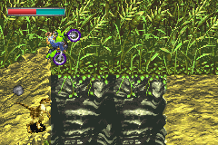 Jurassic Park III: Island Attack (Game Boy Advance) screenshot: The following level involves dodging dinosaur, pits, rocks and chasms