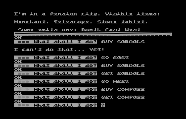 The Golden Voyage (Atari 8-bit) screenshot: Buying supplies at the local markets.