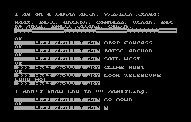 The Golden Voyage (Atari 8-bit) screenshot: Sailing a ship to an island.