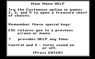Math Rabbit (DOS) screenshot: Main Menu Help 4 (CGA)