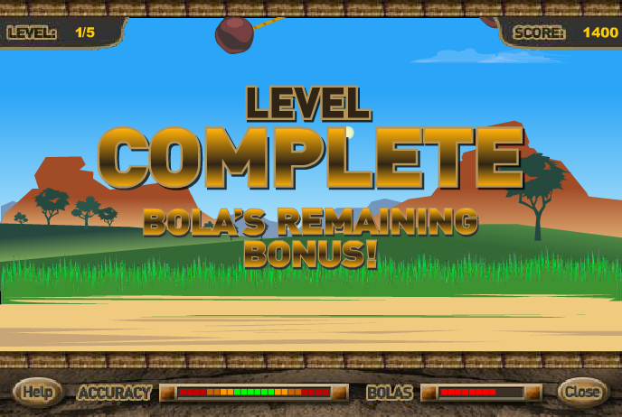Kangaroo Jack Outback Bola (Browser) screenshot: Level complete! You get bonus score, as well as a badly placed apostrophe