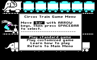 Math Rabbit (DOS) screenshot: Circus Train Game Menu (CGA)