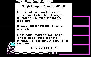 Math Rabbit (DOS) screenshot: Tightrope Game Help (CGA)