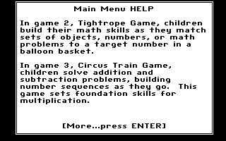 Math Rabbit (DOS) screenshot: Main Menu Help 2 (CGA)