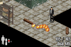 Max Payne (Game Boy Advance) screenshot: No problem. Gas canister + Bullet = Missile = Opened door