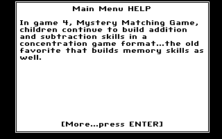 Math Rabbit (DOS) screenshot: Main Menu Help 3 (CGA)