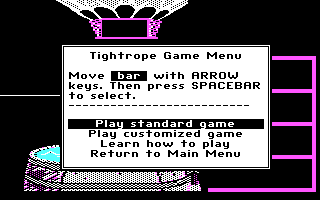 Math Rabbit (DOS) screenshot: Tightrope Game Menu (CGA)