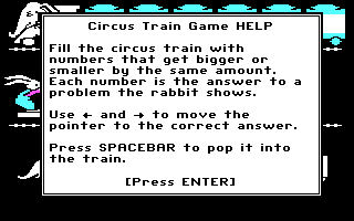 Math Rabbit (DOS) screenshot: Circus Train Game Help (CGA)