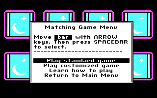 Math Rabbit (DOS) screenshot: Matching Game Menu (CGA)