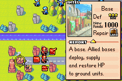 Advance Wars (Game Boy Advance) screenshot: In this mission, you have access to Base, which can deploy ground units.